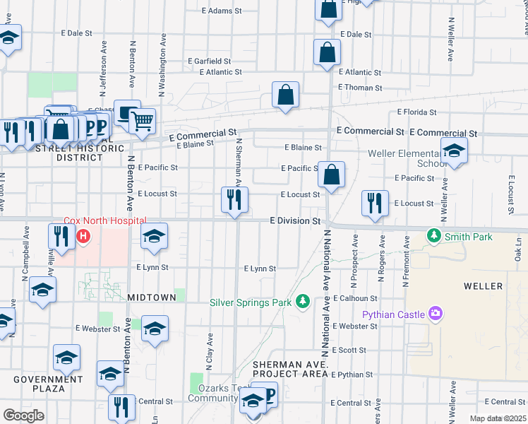 map of restaurants, bars, coffee shops, grocery stores, and more near 1008 East Locust Street in Springfield