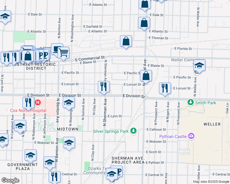 map of restaurants, bars, coffee shops, grocery stores, and more near 1008 East Locust Street in Springfield