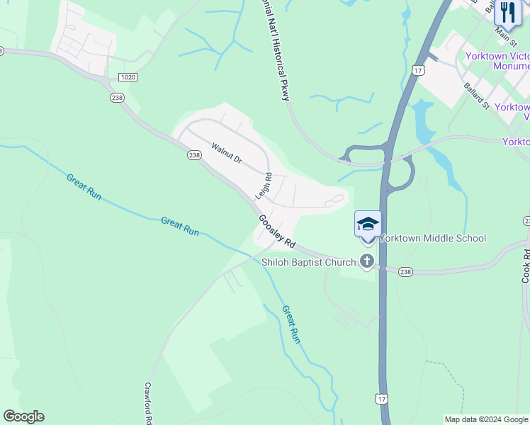 map of restaurants, bars, coffee shops, grocery stores, and more near 707 Goosley Road in Yorktown