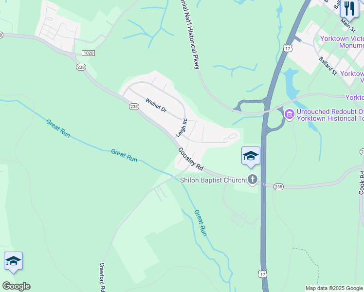 map of restaurants, bars, coffee shops, grocery stores, and more near 707 Goosley Road in Yorktown
