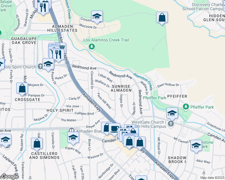 map of restaurants, bars, coffee shops, grocery stores, and more near 6301 Lillian Way in San Jose