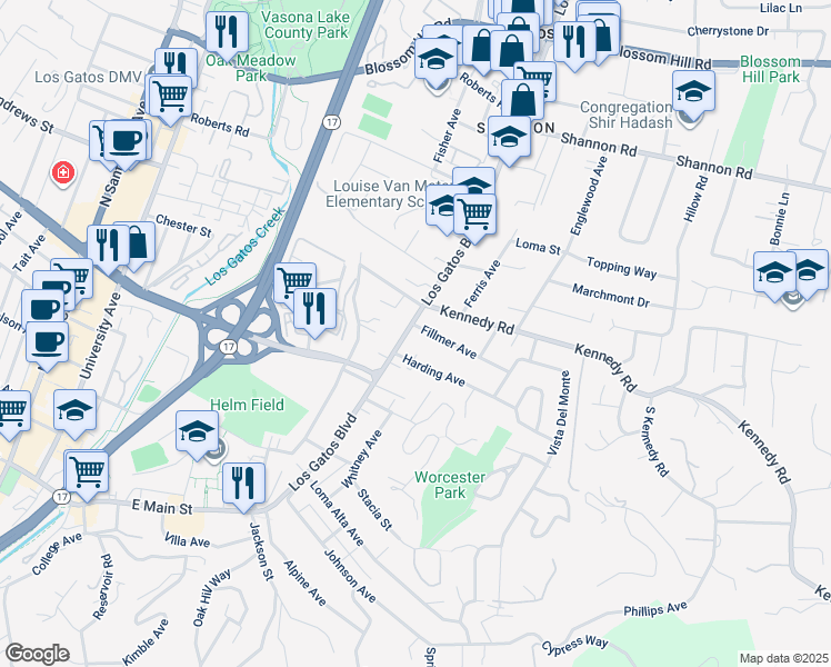 map of restaurants, bars, coffee shops, grocery stores, and more near 12 Fillmer Avenue in Los Gatos