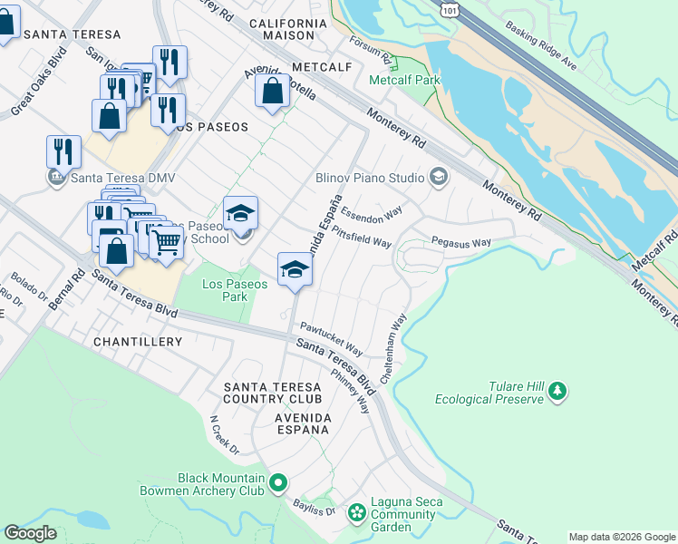 map of restaurants, bars, coffee shops, grocery stores, and more near 115 Biddleford Court in San Jose
