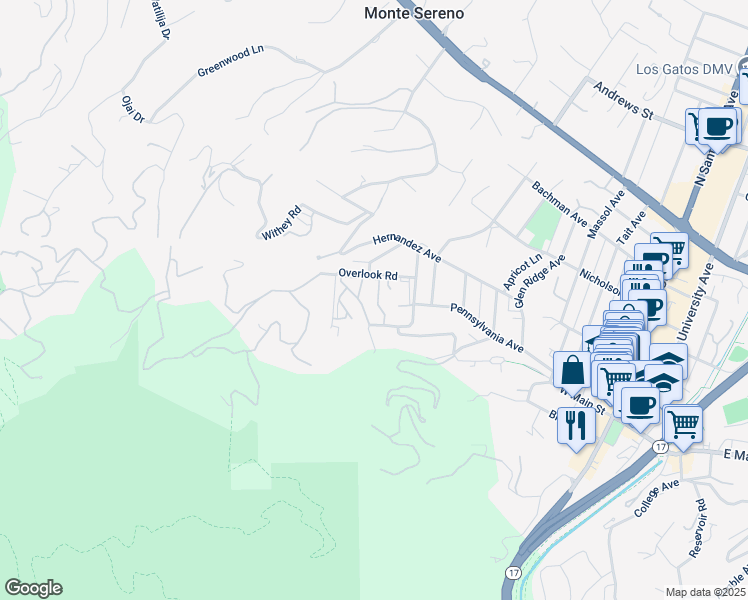 map of restaurants, bars, coffee shops, grocery stores, and more near 18400 Overlook Road in Los Gatos