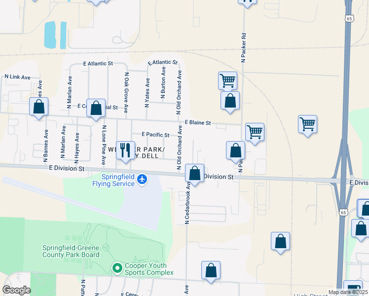 map of restaurants, bars, coffee shops, grocery stores, and more near 1644 N Old Orchard Ave in Springfield