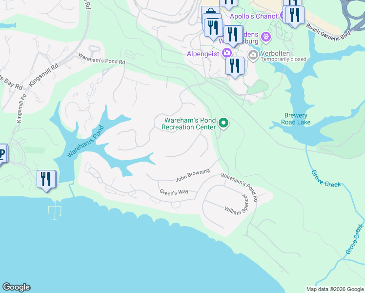 map of restaurants, bars, coffee shops, grocery stores, and more near 133 Captaine Graves in Williamsburg