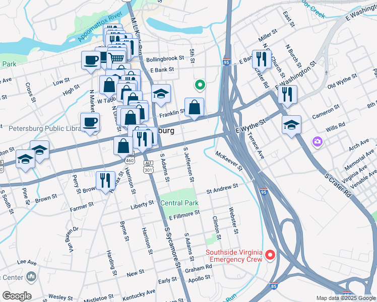 map of restaurants, bars, coffee shops, grocery stores, and more near 115 South Jefferson Street in Petersburg