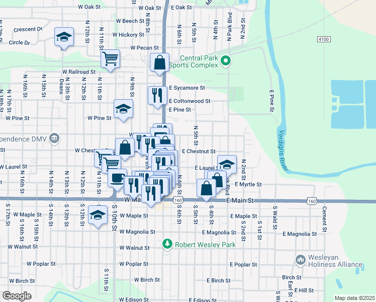 map of restaurants, bars, coffee shops, grocery stores, and more near 250 East Chestnut Street in Independence