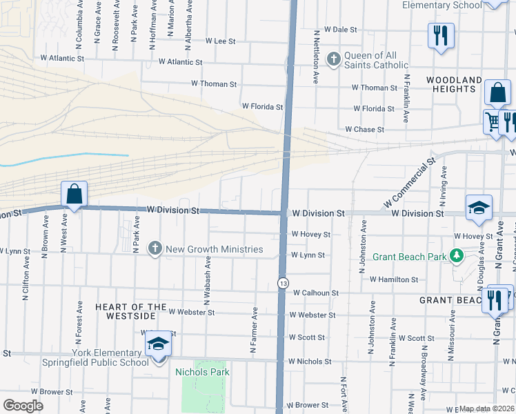 map of restaurants, bars, coffee shops, grocery stores, and more near 1521 North Farmer Avenue in Springfield