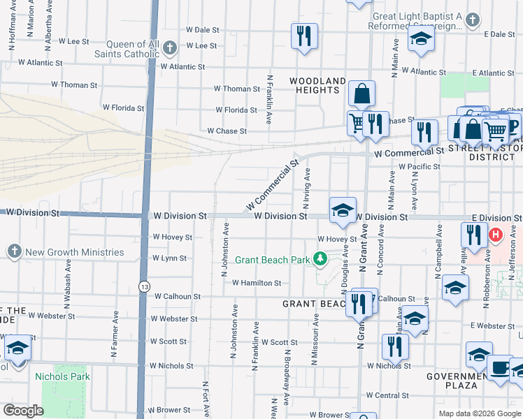 map of restaurants, bars, coffee shops, grocery stores, and more near 1100 West Commercial Street in Springfield