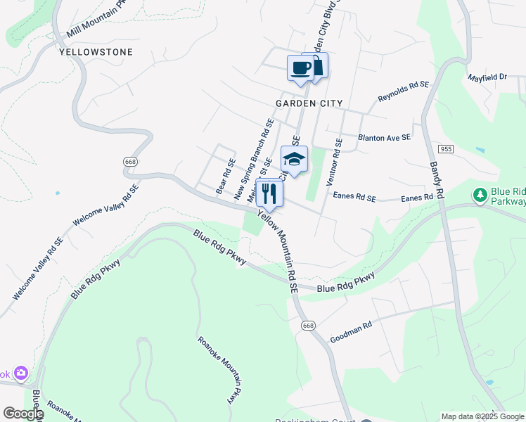map of restaurants, bars, coffee shops, grocery stores, and more near 3828 Yellow Mountain Road Southeast in Roanoke