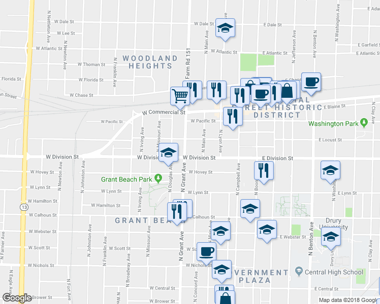 map of restaurants, bars, coffee shops, grocery stores, and more near 1510 North Grant Avenue in Springfield