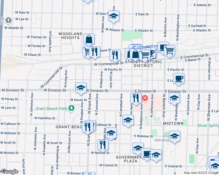map of restaurants, bars, coffee shops, grocery stores, and more near 1511 North Lyon Avenue in Springfield