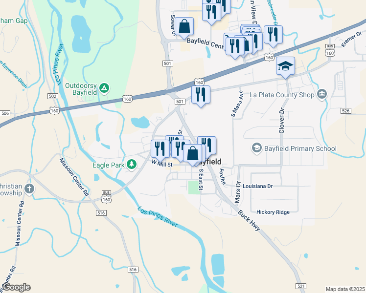 map of restaurants, bars, coffee shops, grocery stores, and more near 82 Park Street in Bayfield