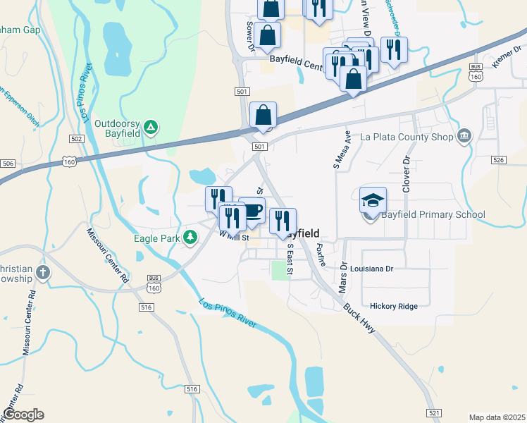 map of restaurants, bars, coffee shops, grocery stores, and more near 367 S Pearl St in Bayfield