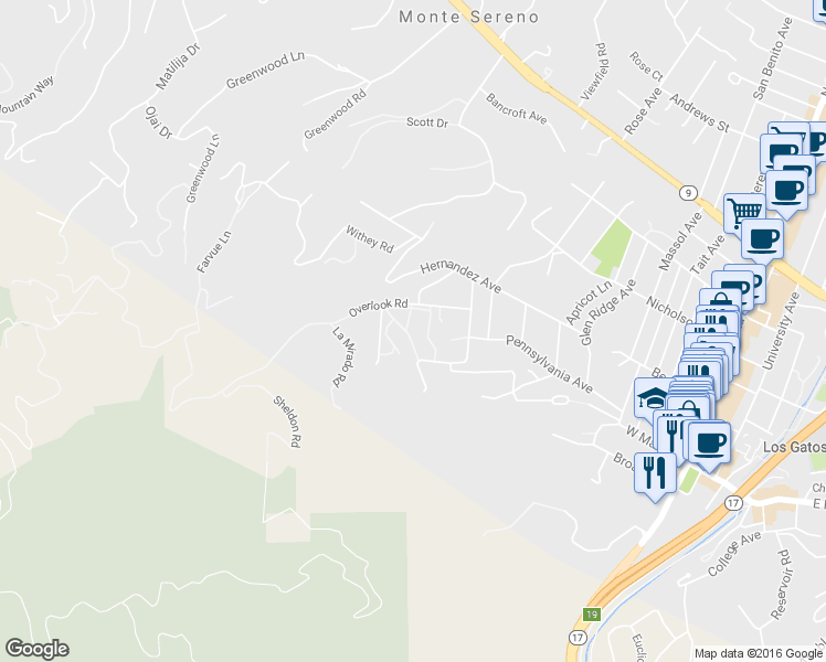 map of restaurants, bars, coffee shops, grocery stores, and more near 18400 Overlook Road in Los Gatos