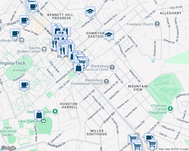 map of restaurants, bars, coffee shops, grocery stores, and more near New Church Street in Blacksburg