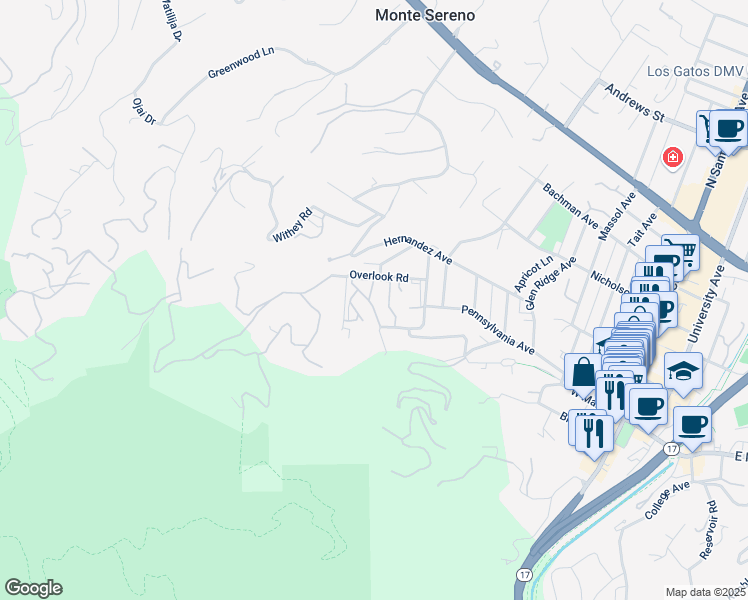 map of restaurants, bars, coffee shops, grocery stores, and more near 18400 Overlook Road in Los Gatos