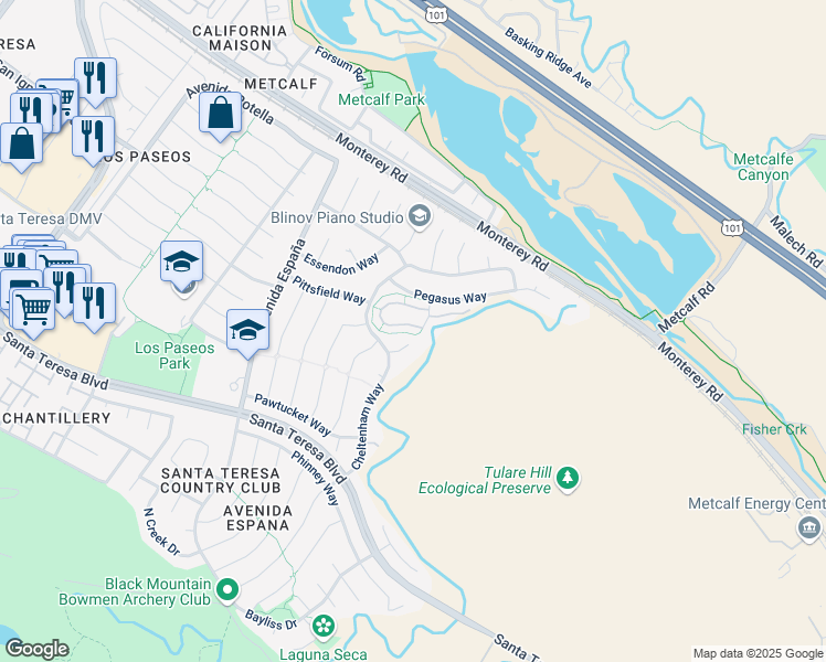 map of restaurants, bars, coffee shops, grocery stores, and more near 7379 Tulare Hill Drive in San Jose
