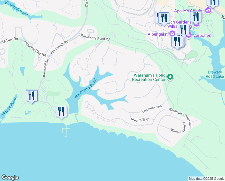 map of restaurants, bars, coffee shops, grocery stores, and more near 204 Burtcher Court in Williamsburg