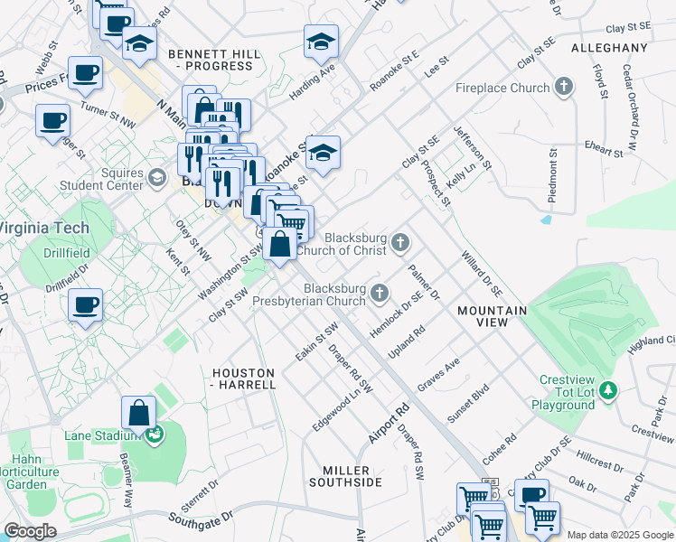 map of restaurants, bars, coffee shops, grocery stores, and more near New Church Street in Blacksburg
