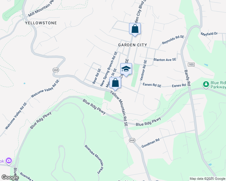 map of restaurants, bars, coffee shops, grocery stores, and more near 3828 Yellow Mountain Road Southeast in Roanoke