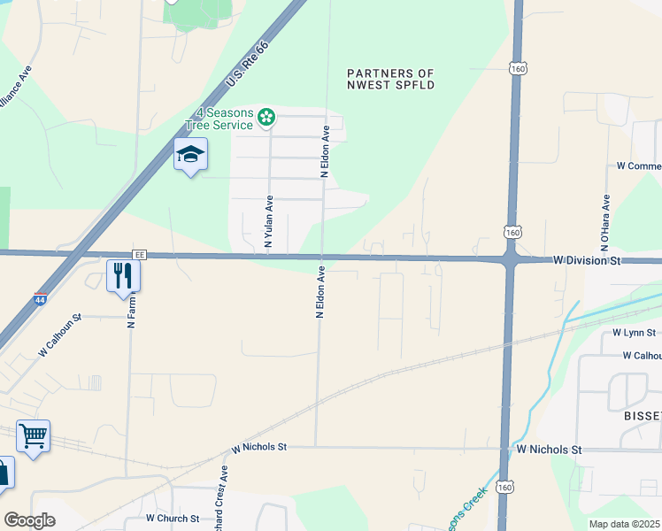 map of restaurants, bars, coffee shops, grocery stores, and more near 3749 State Highway EE in Springfield