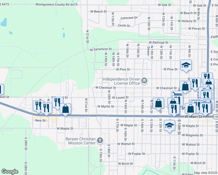 map of restaurants, bars, coffee shops, grocery stores, and more near 400 North 18th Street in Independence