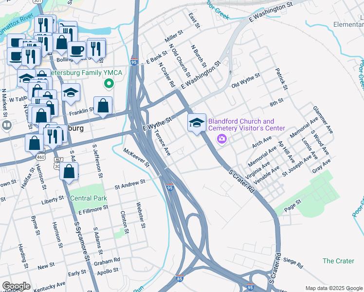 map of restaurants, bars, coffee shops, grocery stores, and more near 539A Hannon Street in Petersburg