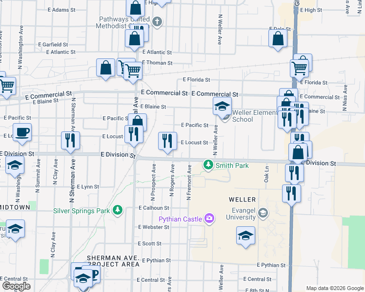 map of restaurants, bars, coffee shops, grocery stores, and more near 1600 North Rogers Avenue in Springfield