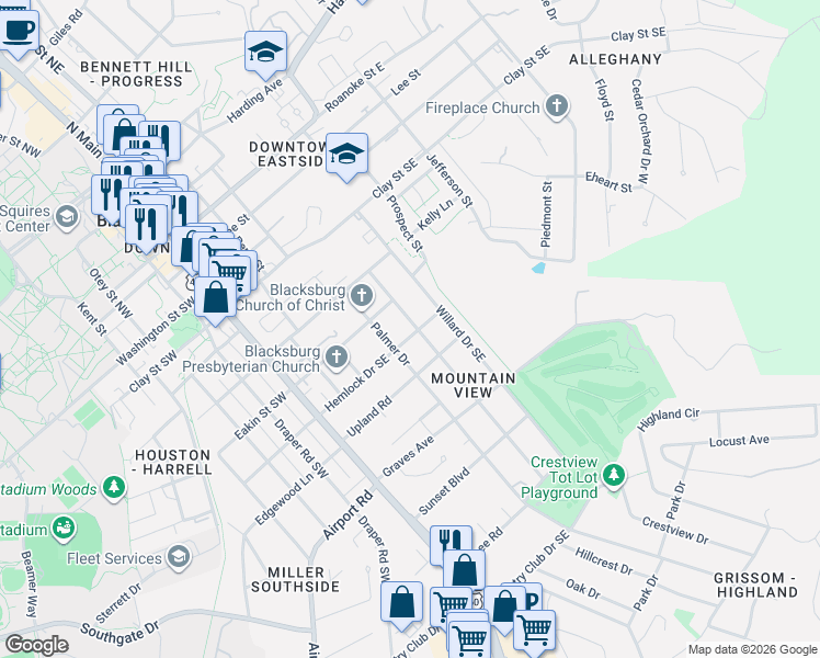 map of restaurants, bars, coffee shops, grocery stores, and more near 711 Kentwood Drive in Blacksburg