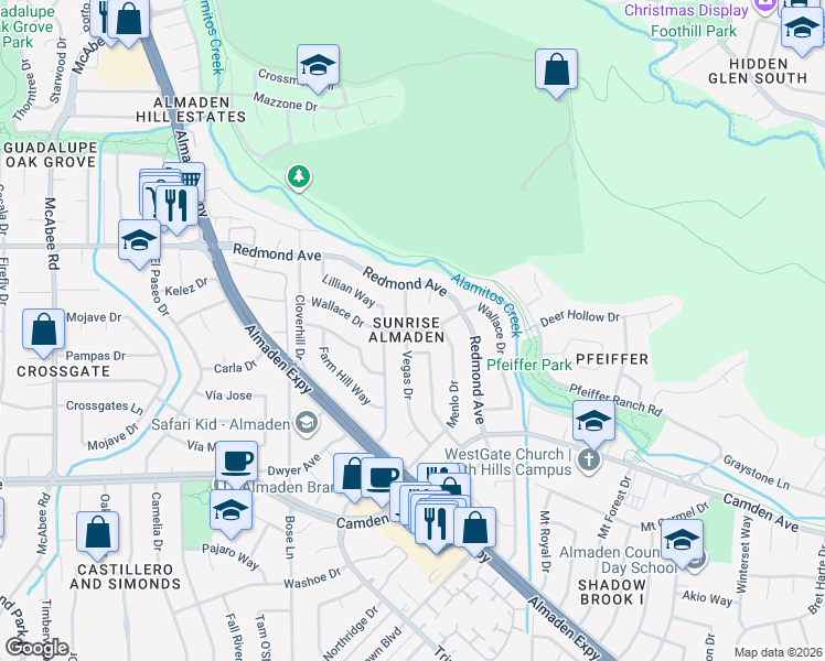 map of restaurants, bars, coffee shops, grocery stores, and more near 1033 Wallace Drive in San Jose