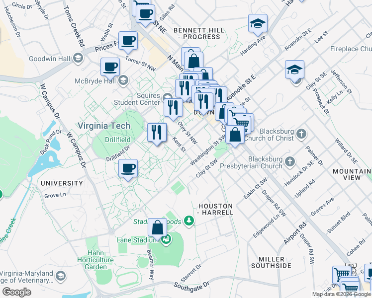 map of restaurants, bars, coffee shops, grocery stores, and more near 201 Kent Street in Blacksburg