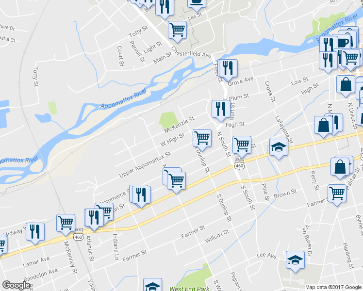 map of restaurants, bars, coffee shops, grocery stores, and more near 927 Upper Appomattox Street in Petersburg