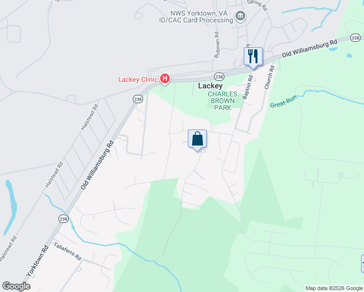 map of restaurants, bars, coffee shops, grocery stores, and more near 308 Maple Road in Yorktown