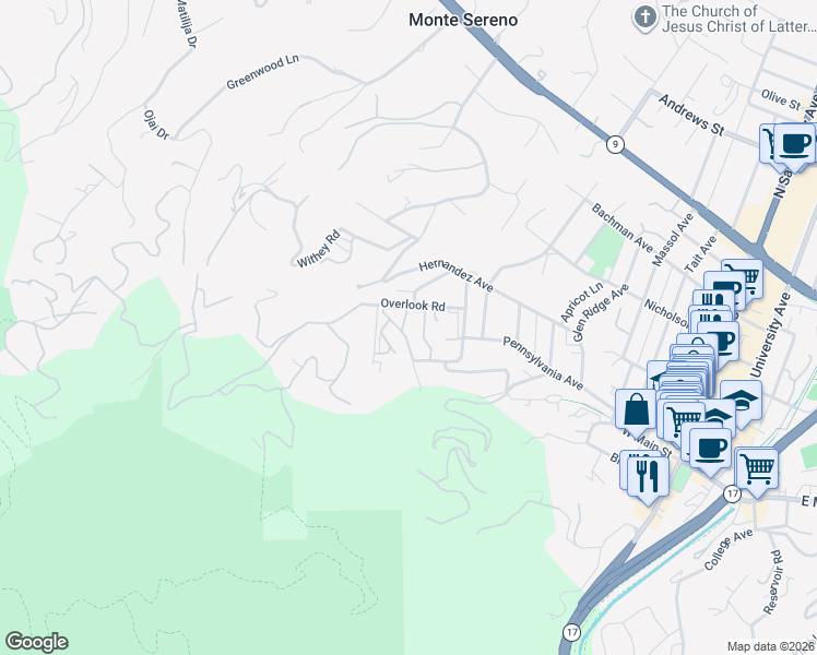 map of restaurants, bars, coffee shops, grocery stores, and more near 18400 Overlook Road in Los Gatos