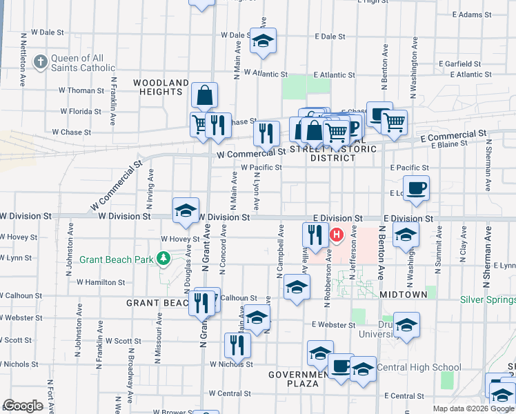 map of restaurants, bars, coffee shops, grocery stores, and more near 1529 North Lyon Avenue in Springfield