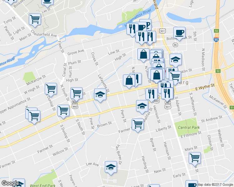 map of restaurants, bars, coffee shops, grocery stores, and more near W Washington St & Perry St in Petersburg