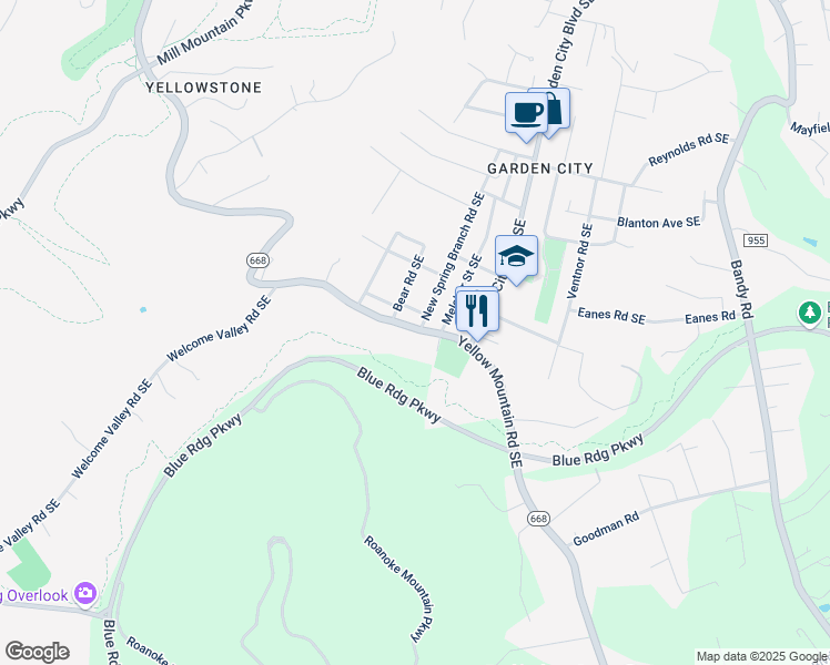 map of restaurants, bars, coffee shops, grocery stores, and more near 3653 Yellow Mountain Road Southeast in Roanoke