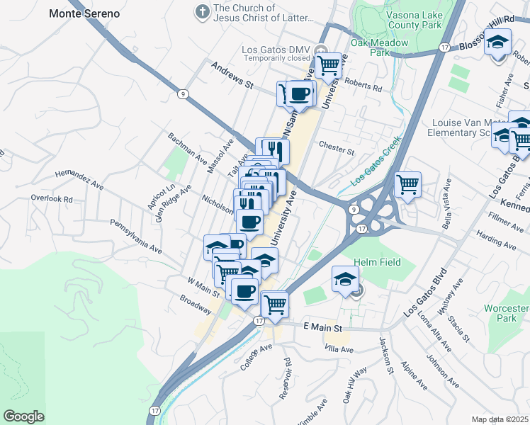 map of restaurants, bars, coffee shops, grocery stores, and more near 242 North Santa Cruz Avenue in Los Gatos