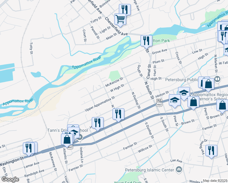 map of restaurants, bars, coffee shops, grocery stores, and more near 1008 West High Street in Petersburg