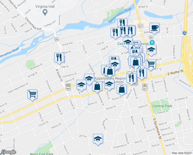 map of restaurants, bars, coffee shops, grocery stores, and more near 18 Lafayette Street in Petersburg