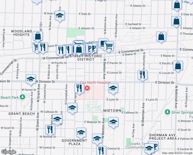 map of restaurants, bars, coffee shops, grocery stores, and more near 1516 North Jefferson Avenue in Springfield