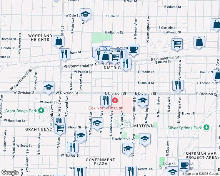 map of restaurants, bars, coffee shops, grocery stores, and more near 1515 North Robberson Avenue in Springfield