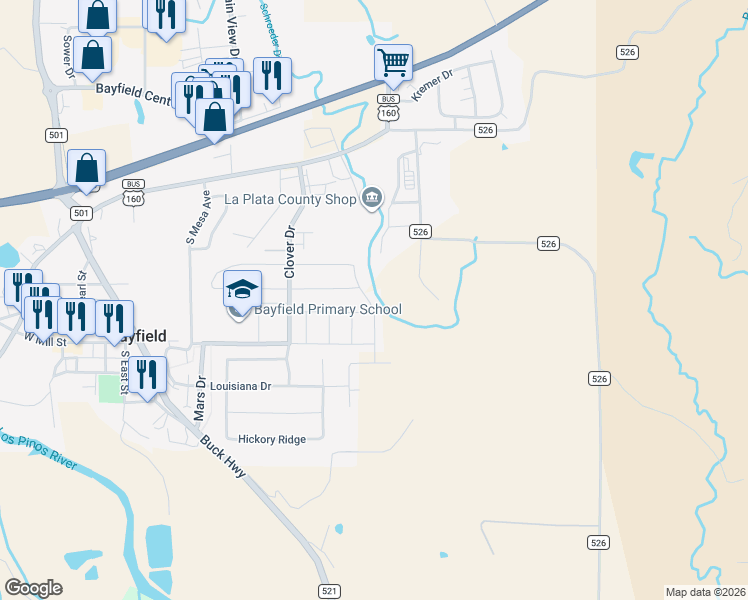 map of restaurants, bars, coffee shops, grocery stores, and more near 932 Sunflower Ln in Bayfield