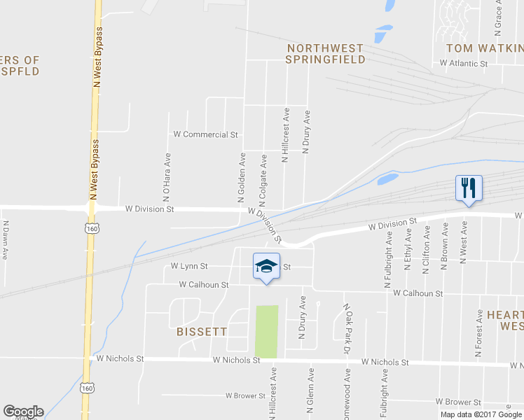 map of restaurants, bars, coffee shops, grocery stores, and more near 1500 North Colgate Avenue in Springfield