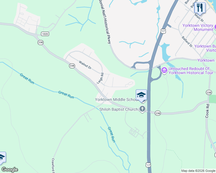 map of restaurants, bars, coffee shops, grocery stores, and more near 202 Barham Boulevard in Yorktown