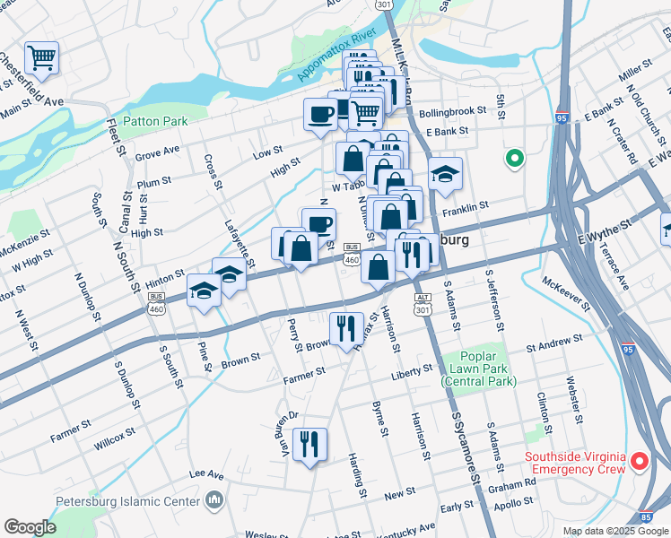 map of restaurants, bars, coffee shops, grocery stores, and more near 120 West Washington Street in Petersburg