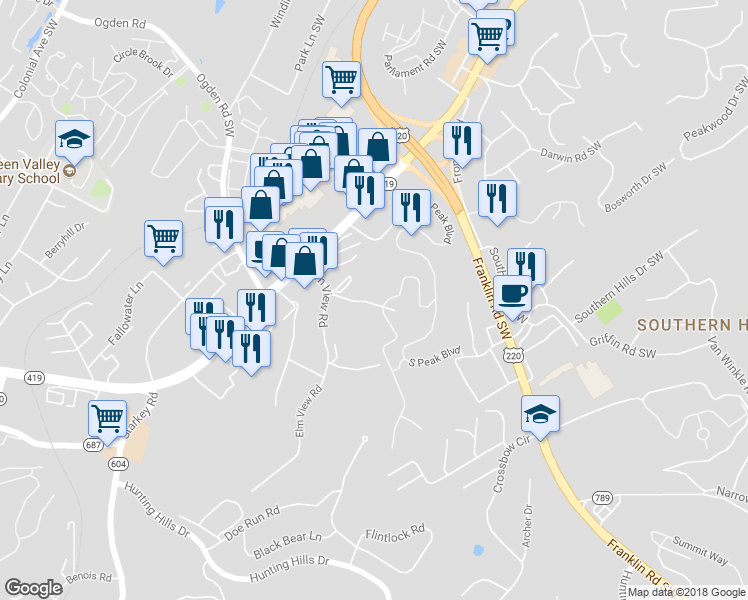 map of restaurants, bars, coffee shops, grocery stores, and more near 4252 Elm View Road in Cave Spring