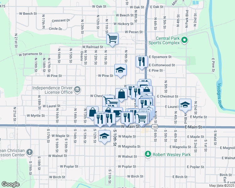 map of restaurants, bars, coffee shops, grocery stores, and more near 402 North 10th Street in Independence